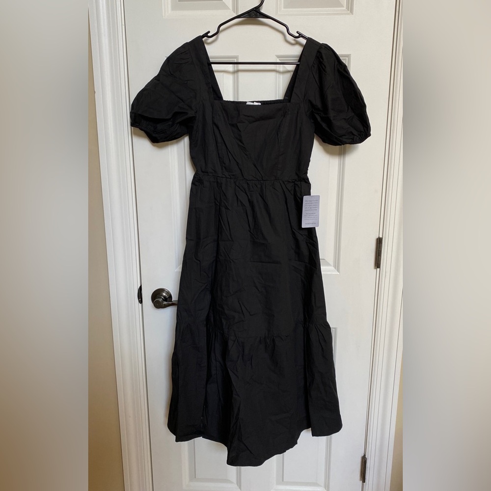 ASTR the label Poplin Puff Sleeves Tiered Midi Dress w/ Side Slit - Size S NWT